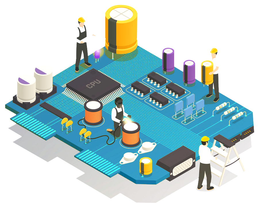 Placa de circuito eletrônica isométrica gigante sendo construída por pessoas.